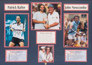 PAT RAFTER & JOHN NEWCOMBE, display with signed photographs of each tennis champion, window mounted, framed & glazed, overall 80x60cm. With CoA. [Proceeds to Kids Under Cover].