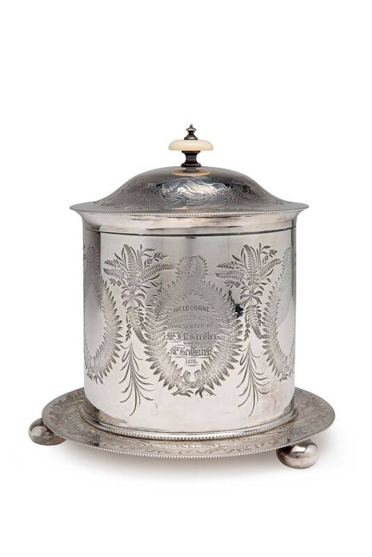 1876 MELBOURNE BOWLING CLUB TROPHY: Silver-plated Biscuit Barrell, engraved on front "Melbourne Bowling Club, Presented by Mr R.Girdler, won by Mr.Geo.Kirk, 1876". [The Melbourne Bowling Club is Australia's oldest bowling club, established in 1864].