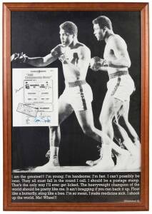 MUHAMMAD ALI & LEON SPINKS, signatures on reprinted flyer, window mounted with b/w photograph of Ali, framed & glazed, overall 66x91cm.