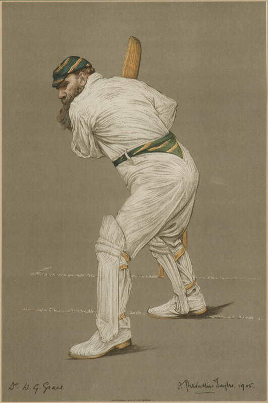 1905 ALBERT CHEVALLIER TAYLER PRINTS, of English & Australian cricketers in action, noted W.G.Grace, Lord Hawke, Monty Noble, J.J.Kelly, Albert Cotter, Warwick Armstrong, Clem Hill & A.J.Hopkins. Two window mounted, others framed & glazed, each about 40x5