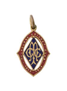 MELBOURNE CRICKET CLUB, 1913-14 membership badge, an unissued manufacturer's trial badge, in red and blue enamel, made by Stokes & Sons.