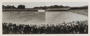 FRAMED CRICKET DISPLAYS, noted lovely original photograph of the 1926 Australians practicing in the nets; panoramic photograph of a c1930s Test match. All framed, various sizes.