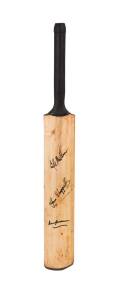 SIGNED CRICKET BAT, full sized cricket bat signed by Don Bradman, Keith Miller & Ian Chappell. Plus two signed cricket balls including Dennis Lillee.