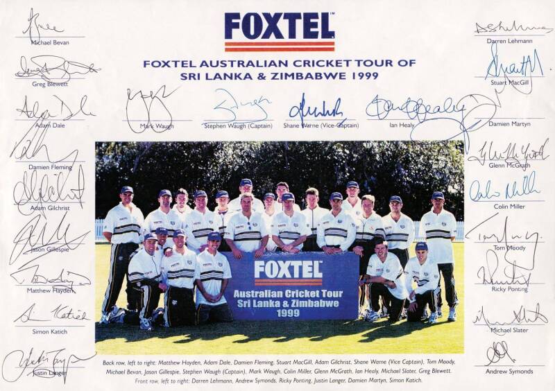 1999 AUSTRALIAN TEAM, official team sheet for Tour to Sri Lanka & Zimbabwe, with 23 signatures including Stephen Waugh (captain), Shane Warne, Adam Gilchrist & Ricky Ponting. Fine condition. Scarce.