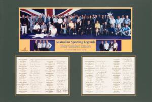 "AUSTRALIAN SPORTING LEGENDS - BETTY CUTHBERT TRIBUTE", display comprising large group photograph, window mounted with 57 signatures including John Newcombe, Herb Elliott, Ron Clarke, John Landy, Evonne Goolagong-Cawley, Alex Jesaulenko, Nick Farr-Jones, 