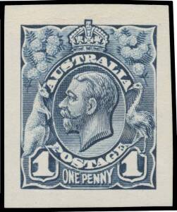 ONE PENNY: 1d die proof in deep blue on wove paper BW #59(DP)2a, Cat $20,000. The only recorded example. RPSofV Certificate (dated "1913"!!) states "printer's proof in connection with the Postmaster-General's 1913 Christmas and New Year Greetings Card". B