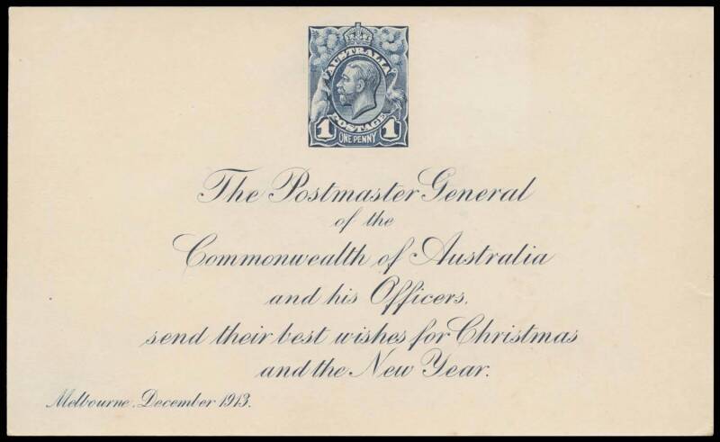 ONE PENNY: 1d impression in deep blue on Postmaster-General's Christmas and New Year Greetings Card BW #59DP(2), a couple of very minor blemishes on the reverse do not detract from the very fine appearance, Cat $6000. RPSofV Certificate (1975). The ACSC