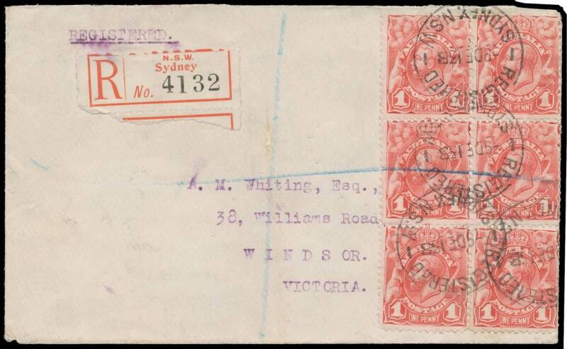 ONE PENNY: 1d rose-red block of 6 (2x3, some short perfs at right) tied to plain cover to Melbourne by blue registration line & at the top by one of four strikes of the 'REGISTERED/9DE13 B/SYDNEY NSW' cds being the official First Day of Issue BW #59ya, re