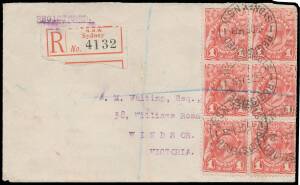 ONE PENNY: 1d rose-red block of 6 (2x3, some short perfs at right) tied to plain cover to Melbourne by blue registration line & at the top by one of four strikes of the 'REGISTERED/9DE13 B/SYDNEY NSW' cds being the official First Day of Issue BW #59ya, re