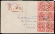 ONE PENNY: 1d rose-red block of 6 (2x3, some short perfs at right) tied to plain cover to Melbourne by blue registration line & at the top by one of four strikes of the 'REGISTERED/9DE13 B/SYDNEY NSW' cds being the official First Day of Issue BW #59ya, re