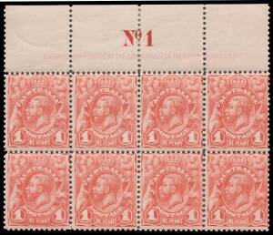 ONE PENNY: 1d pale red Imprint/Plate 'No 1' block of 8 (4x2) BW #59(1)z, plus similar 'No 2', 'No 3' & 'No 4' blocks of 8 (4x2), a few minor blemishes & a few hinge remainders, Cat $1175. (4 blocks)