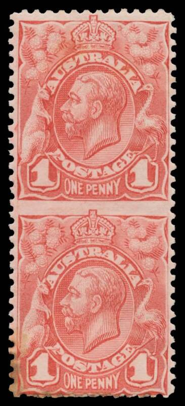 ONE PENNY: 1d pale red vertical pair Imperforate Between from Plate 1 BW #59b (SG 17a), adhesion & conicident stain at lower-left, Cat $4500 (£5000). The ACSC states "Two sheets from Plate 1 had a line of perforations omitted between the third & fourth r