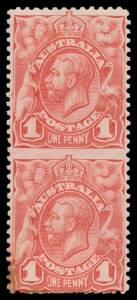 ONE PENNY: 1d pale red vertical pair Imperforate Between from Plate 1 BW #59b (SG 17a), adhesion & conicident stain at lower-left, Cat $4500 (£5000). The ACSC states "Two sheets from Plate 1 had a line of perforations omitted between the third & fourth r