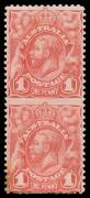 ONE PENNY: 1d pale red vertical pair Imperforate Between from Plate 1 BW #59b (SG 17a), adhesion & conicident stain at lower-left, Cat $4500 (&pound;5000). The ACSC states "Two sheets from Plate 1 had a line of perforations omitted between the third & fourth r