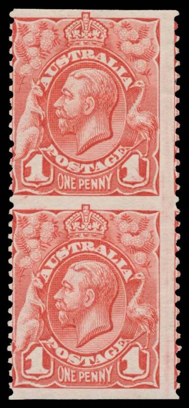 ONE PENNY: 1d carmine-red vertical pair Imperforate Horizontally from Plate 2 BW #59bb (SG 17b), the lower unit with a very minor thin in the margin at the base, Cat $3500 (£2250).