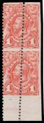 ONE PENNY: 1d carmine-red vertical pair Imperforate Horizontally from Plate 2 BW #59bb from the base of the sheet [85/95] additionally Imperf at the Base and at Right with a slightly Diagonal Row of Aberrant Vertical Perfs BW #59bb(var), vertical crease &