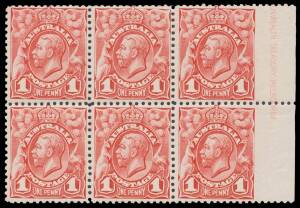 ONE PENNY: 1d rose-red marginal block of 6 (3x2) from the right of the sheet Imperforate at Right BW #59bf, very lightly mounted, Cat $2500+. Superb! This block has been plated as Plate 3 [68-70/78/80].