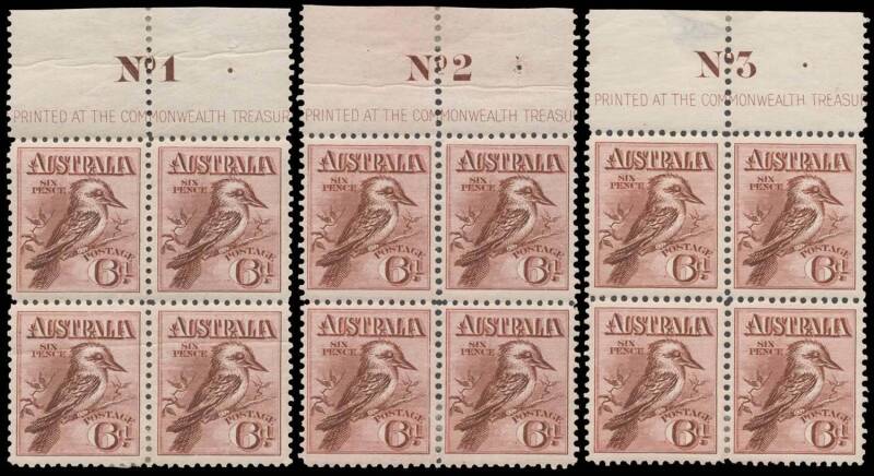 SIX PENCE: 6d maroon (shades) Plate Number '1' to '4' blocks of of 4 from the top of the sheets BW #60z to zc, most units are well centred, a few problems, the first three blocks each have two fine unmounted units, Cat $13,000 as mounted blocks of 8. [Hug
