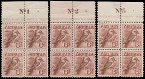 SIX PENCE: 6d maroon (shades) Plate Number '1' to '4' blocks of of 4 from the top of the sheets BW #60z to zc, most units are well centred, a few problems, the first three blocks each have two fine unmounted units, Cat $13,000 as mounted blocks of 8. [Hug