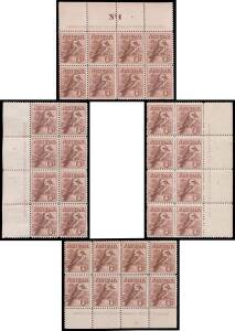 SIX PENCE: 6d maroon (shades) blocks of 8 with the four complete imprints BW #60z zd ze & zf, most units are well centred, the blocks from the left & base have some perf separation/rejoining & the left-hand block also has a pre-printing crease across two 