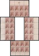 SIX PENCE: 6d maroon (shades) blocks of 8 with the four complete imprints BW #60z zd ze & zf, most units are well centred, the blocks from the left & base have some perf separation/rejoining & the left-hand block also has a pre-printing crease across two 
