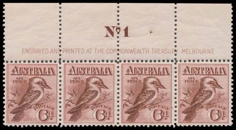 SIX PENCE: 6d maroon horizontal strip of 4 from the top of sheet with complete imprint & Plate Number 'No 1' BW #60z centred, all units unmounted, Cat $3250 for a mounted block of 8.