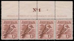 SIX PENCE: 6d maroon horizontal strip of 4 from the top of sheet with complete imprint & Plate Number 'No 1' BW #60z centred, all units unmounted, Cat $3250 for a mounted block of 8.