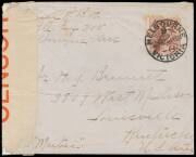 SIX PENCE: 6d maroon rare solo franking on an apparently commercial double-rate cover to Kentucky per "SS Maitai"with superb 'MELBOURNE/ 9 /29JA15/VICTORIA' cds & an unusually large red/white 'OPENED BY/CENSOR' label of Melbourne (?), faults but quite att