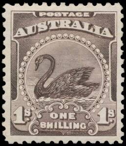 ONE SHILLING SWAN: 1/- perforated plate proof in brown-purple on gummed unwatermarked paper BW #62PP(1)A, a minor hinge remainder otherwise superb, Cat $125,000. An unissued denomination, and a fabulous item for a collector of "Birds". Ex Agar Wynne (?), 