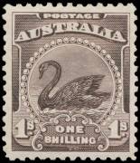 ONE SHILLING SWAN: 1/- perforated plate proof in brown-purple on gummed unwatermarked paper BW #62PP(1)A, a minor hinge remainder otherwise superb, Cat $125,000. An unissued denomination, and a fabulous item for a collector of "Birds". Ex Agar Wynne (?),