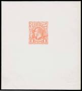 THE PERKINS BACON DIE PROOFS: State 1 die proof of the completed design with a solid field behind the King's head now with cleared surrounds, in bright vermilion on highly glazed thin card (88x98mm) BW #70(DP)11Ab, Cat $16,000. Superb! Ex Perkins Bacon Ar