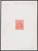 THE PERKINS BACON DIE PROOFS: State 1 die proof of the completed design with a solid field behind the King's head now with cleared surrounds, in bright red on highly glazed thin card (94x125mm) endorsed at top "Received 12 2 14" & at base "First state" an