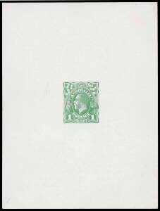 THE PERKINS BACON DIE PROOFS: State 1 die proof of the completed design with a solid field behind the King's head now with cleared surrounds, in green on highly glazed thin card (94x125mm) with no endorsements or cachet BW #70(DP)11Eb, Cat $15,000. Ex Per