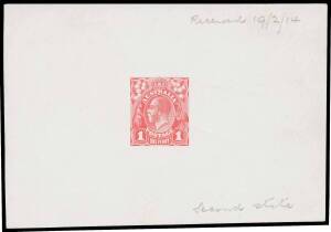 THE PERKINS BACON DIE PROOFS: State 2 die proof with a field of horizontal lines behind the King's head, in bright red on highly glazed thin card (118x82mm) endorsed at top "Received 19 2 14" & at base "Second state" BW #70(DP)12Ba, Cat $16,000. Unique! E