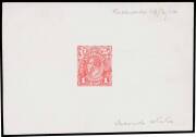 THE PERKINS BACON DIE PROOFS: State 2 die proof with a field of horizontal lines behind the King's head, in bright red on highly glazed thin card (118x82mm) endorsed at top "Received 19 2 14" & at base "Second state" BW #70(DP)12Ba, Cat $16,000. Unique! E