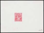 THE PERKINS BACON DIE PROOFS: State 3 die proof with the King's nose now straightened & the lined background slightly modified, in carmine-red on highly glazed thin card (125x94mm) with manuscript "4th" at lower-right erased & otherwise without endorsemen