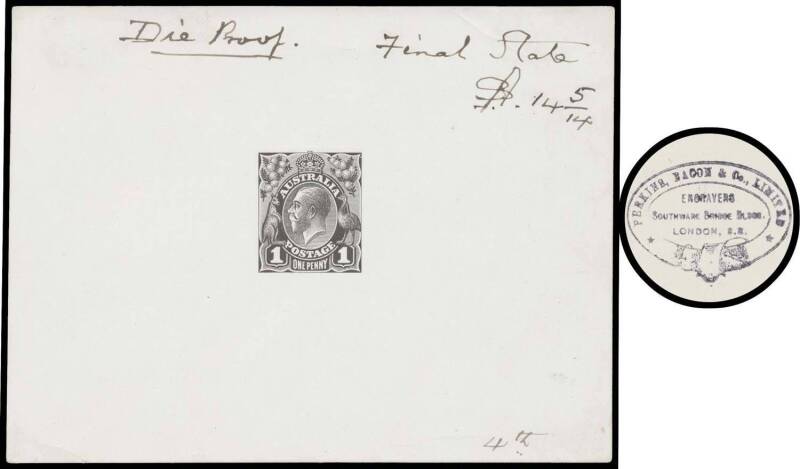 THE PERKINS BACON DIE PROOFS: State 4 die proof with the Emu's feathers & neck re-engraved, in black on highly glazed thin card (125x95mm) with manuscript "4th" at lower-right & endorsed at the top "Die Proof Final State/SB 14 5/14" BW #70DP(14)Aa with an