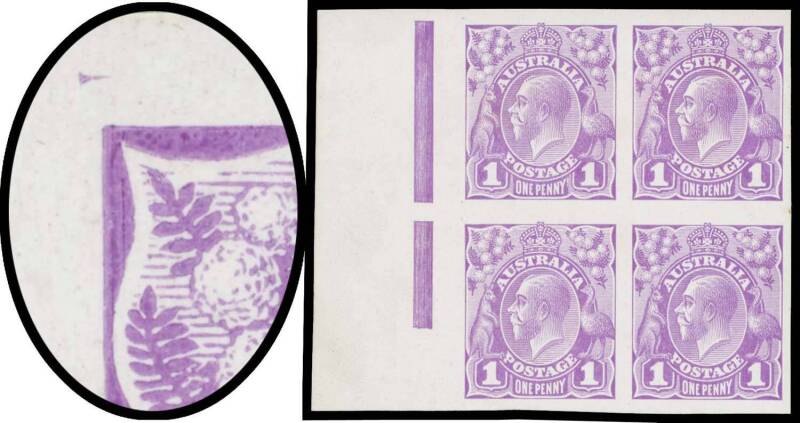 THE PERKINS BACON IMPERFORATE PLATE PROOFS: Matching marginal blocks of 4 in black, carmine-rose x2 (very similar shades) or bright violet from the left of the sheets with "Jubilee Lines", the first unit in each block with Broken Shading Line above the Wa