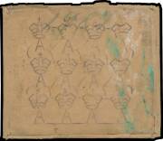 THE WATERMARK MASTER PLATE: Original artwork for the master plate of twelve impressions of the Crown/A watermark in graphite pencil on a piece of low-grade brown paper (folded to 91x78mm) endorsed across the first row "1787" in green crayon, a bit knocked