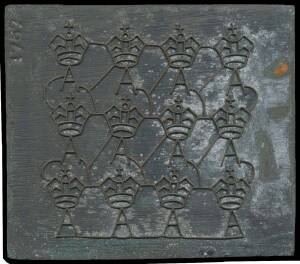 THE WATERMARK MASTER PLATE: The master plate of twelve Crown/A watermark "bits" from which the dandy roll was developed, instrument number '1787' impressed vertically at upper-left, some very minor corrosion. The watermark bits were constructed from fine 