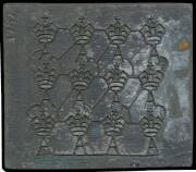 THE WATERMARK MASTER PLATE: The master plate of twelve Crown/A watermark "bits" from which the dandy roll was developed, instrument number '1787' impressed vertically at upper-left, some very minor corrosion. The watermark bits were constructed from fine 