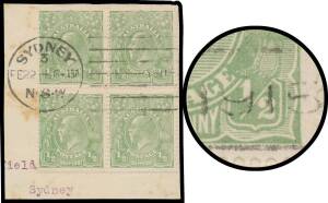 HALFPENNY GREEN COMB PERF: ½d green block of 4 tied to piece by Sydney machine cancellation of 'FE22 - 1915' being the official First Day of Issue, some toning. The ACSC states that three First Day Covers are recorded, one in the Australia Post Archives, 