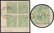 HALFPENNY GREEN COMB PERF: &frac12;d green block of 4 tied to piece by Sydney machine cancellation of 'FE22 - 1915' being the official First Day of Issue, some toning. The ACSC states that three First Day Covers are recorded, one in the Australia Post Archives, 