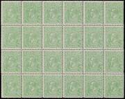 HALFPENNY GREEN COMB PERF: Electro 1: &frac12;d green upper-left corner block of 24 (6x4, no margins), three units with Vertical Scratches through Right Side of Stamp [6/12/18] BW #63(1)d plus White Flaw below 'TR' of 'AUSTRALIA' and Rounded Inner Frame at Upper