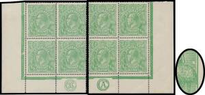 HALFPENNY GREEN COMB PERF: ½d green 'JBC' & 'CA' Monogram corner blocks of 4 BW #63(1)z & zb, the latter with Flying Egg above Emu BW #63(1)j [59], Cat $1700.