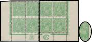 HALFPENNY GREEN COMB PERF: &frac12;d green 'JBC' & 'CA' Monogram corner blocks of 4 BW #63(1)z & zb, the latter with Flying Egg above Emu BW #63(1)j [59], Cat $1700.