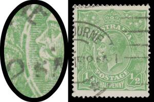 HALFPENNY GREEN COMB PERF: Electro 2: ½d green with Major Cracked Electro through Oval between Kangaroo & the King BW #63(2)k, Melbourne machine cancellation largely clear of the variety, Cat $2500.