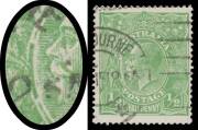 HALFPENNY GREEN COMB PERF: Electro 2: &frac12;d green with Major Cracked Electro through Oval between Kangaroo & the King BW #63(2)k, Melbourne machine cancellation largely clear of the variety, Cat $2500.