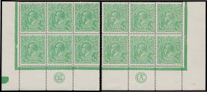 HALFPENNY GREEN COMB PERF: ½d green 'JBC' & 'CA' Monogram corner blocks of 6 BW #63(2)z & zb, the latter is unmounted, Cat $1500 (mounted).