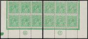HALFPENNY GREEN COMB PERF: &frac12;d green 'JBC' & 'CA' Monogram corner blocks of 6 BW #63(2)z & zb, the latter is unmounted, Cat $1500 (mounted).